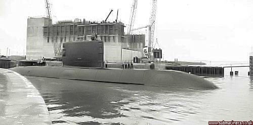 HMS Upholder entering Walney Channel. The new dock gates to accommodate Trident were under construction in the background