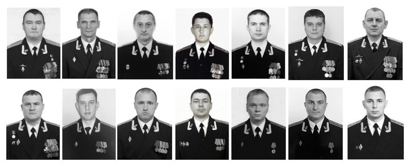 The 14 crew members who died in a fire on a Russian navy's deep-sea research submersible. From top row: Captain 1st rank Denis Dolonsky, Captain 1st rank Nikolay Filin, Captain 1st rank Vladimir Abankin, Captain 1st rank Andrei Voskresensky, Captain 1st rank Anatoly Ivanov, Captain 1st rank Denis Oparin, Captain 1st rank Konstantin Somov, Bottom row: Captain 2nd rank Alexander Avdonin, Captain 2nd rank Sergei Danilchenko, Captain 2nd rank Dmitry Solovyov, medical service Colonel Alexander Vasilyev, Captain 3rd rank Viktor Kuzmin, Captain 3rd rank Vladimir Sukhinichev, Lt. Captain Mikhail Dubkov