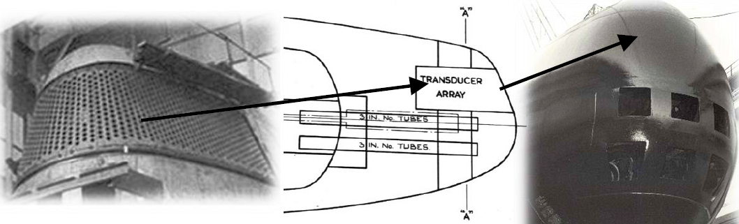 The transducer conformal array can be seen in the left-hand picture. This was positioned above the torpedo tubes in the 'Dreadnought, Valiant, Churchill and Resolution classes as can be seen on the right-hand picture where the transducers are covered by a dome.