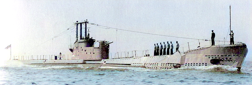 HMS Affray as she was completed with Oerlikon 'bandstand' seen aft of the fin. Snort has yet to be fitted. The guard rails & stanchions are interesting - the authors failing memory recalls that the stanchions were left in place while at sea to provide identification during the Summer Wars where the fleet was divided into two opposing sides.