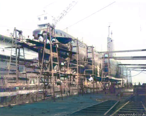 Amphion in the floating dock at Singapore during a refit in 1962