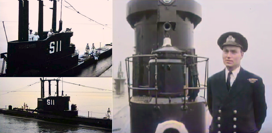 HMS Acheron, painted black with pennant number. The unusual vertical extension above the as-built gun tower hatch is thought to be a housing for scientific eqiupment as described above concreneing measurement of global gravity. The officer is thought to be Lt J C Harrision RNVR, a prominent Geophyscist, who judging by his medals served in WW2.