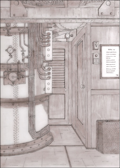 David Hills drawing of A Class Turret Trunking with, on the right, the door to the ASDIC Silent Compartment